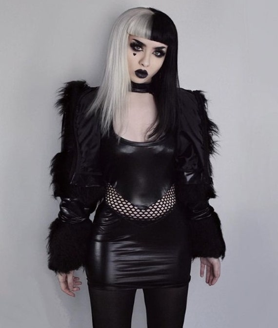 Funki-b Unique Faux Fur Wetlook Clubwear Crop Jacket Grunge Gothic