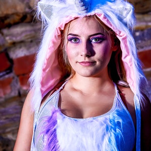 Funki-B faux fur fluffy unicorn animal ears hood with poms dress up lined sparkle horn fancy dress fantasy accessory image 3