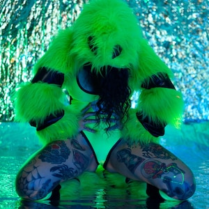 Funki-B Alien UFO faux fluffy fur hoody shrug only halloween fancy dress up neon rave clubwear goth punk hood lots of colours