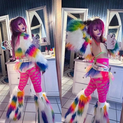 Jambières duveteuses en fourrure patchwork néon, fourrure multicolore, beaucoup de couleurs rave punk goth confortable plur fluffies rave gogo