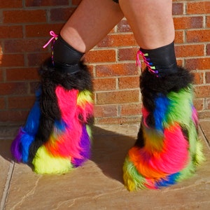 Bright Neon Camo patchwork fluffies leg warmers faux fur long pile fluffy boots plur rave clubwear goth punk rave laced cyber image 2