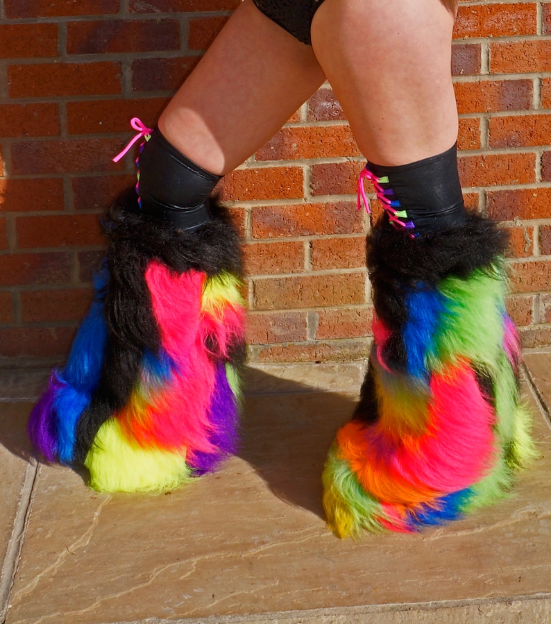 Bright Neon Camo patchwork fluffies leg warmers faux fur long pile fluffy boots plur rave clubwear goth punk rave laced cyber image 2