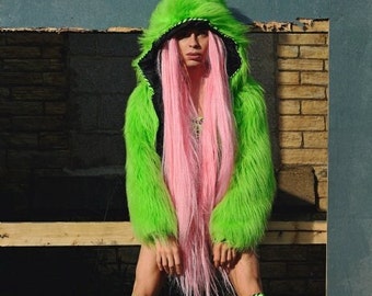 Funki-B faux fur fluffy cosy jacket hoody zip up crop top LIME gothic coat zebra lycra rave cyber dress up costume lot of colours