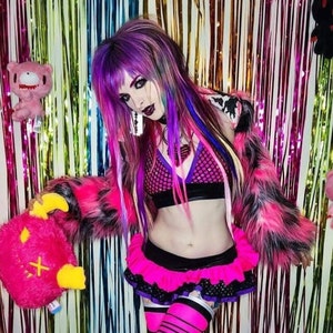 Funki-B cute fishnet neon pink purple wetlook bikini top and frilly skirt knickers plur rave clubwear outfit custom made