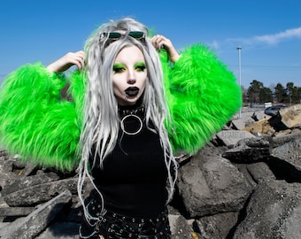 Versión SIN FORRO Fluffy peluda sudadera con capucha encogimiento de hombros abrigo neón piel sintética lisa muchos colores rave punk goth acogedor plur top