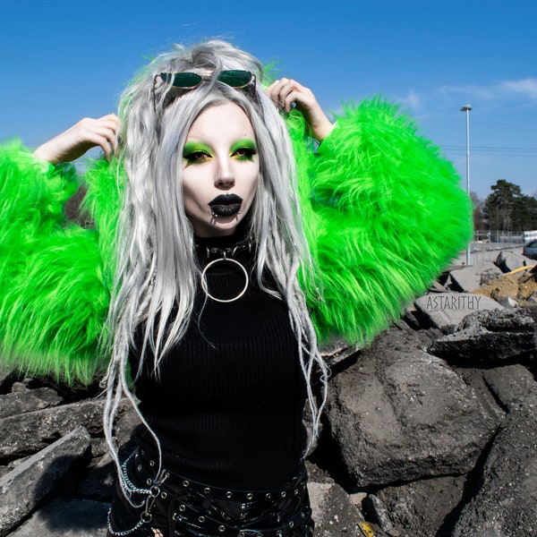 UNLINED version Fluffy furry hoody shrug jacket coat neon plain faux fur lots of colours rave punk goth cozy plur top