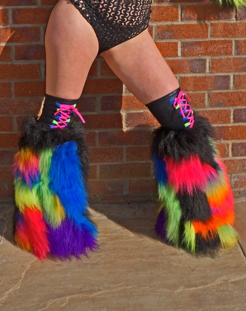 Bright Neon Camo patchwork fluffies leg warmers faux fur long pile fluffy boots plur rave clubwear goth punk rave laced cyber image 1