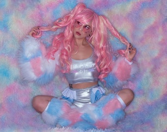 Funki-B Unique faux fur Kawaii style pastel metallic frilly plur rave festival dreamy club outfit silver patchwork shrug fluffies sexy set