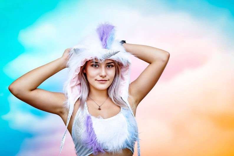 Funki-B faux fur fluffy unicorn animal ears hood with poms dress up lined sparkle horn fancy dress fantasy accessory image 1