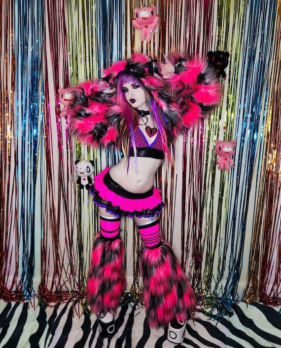Funki B Cat Shrug Only Cheshire Cat Faux Fluffy Fur Hoody Shrug Halloween Fancy Dress Up Neon Rave Clubwear Goth Punk Ears Hood