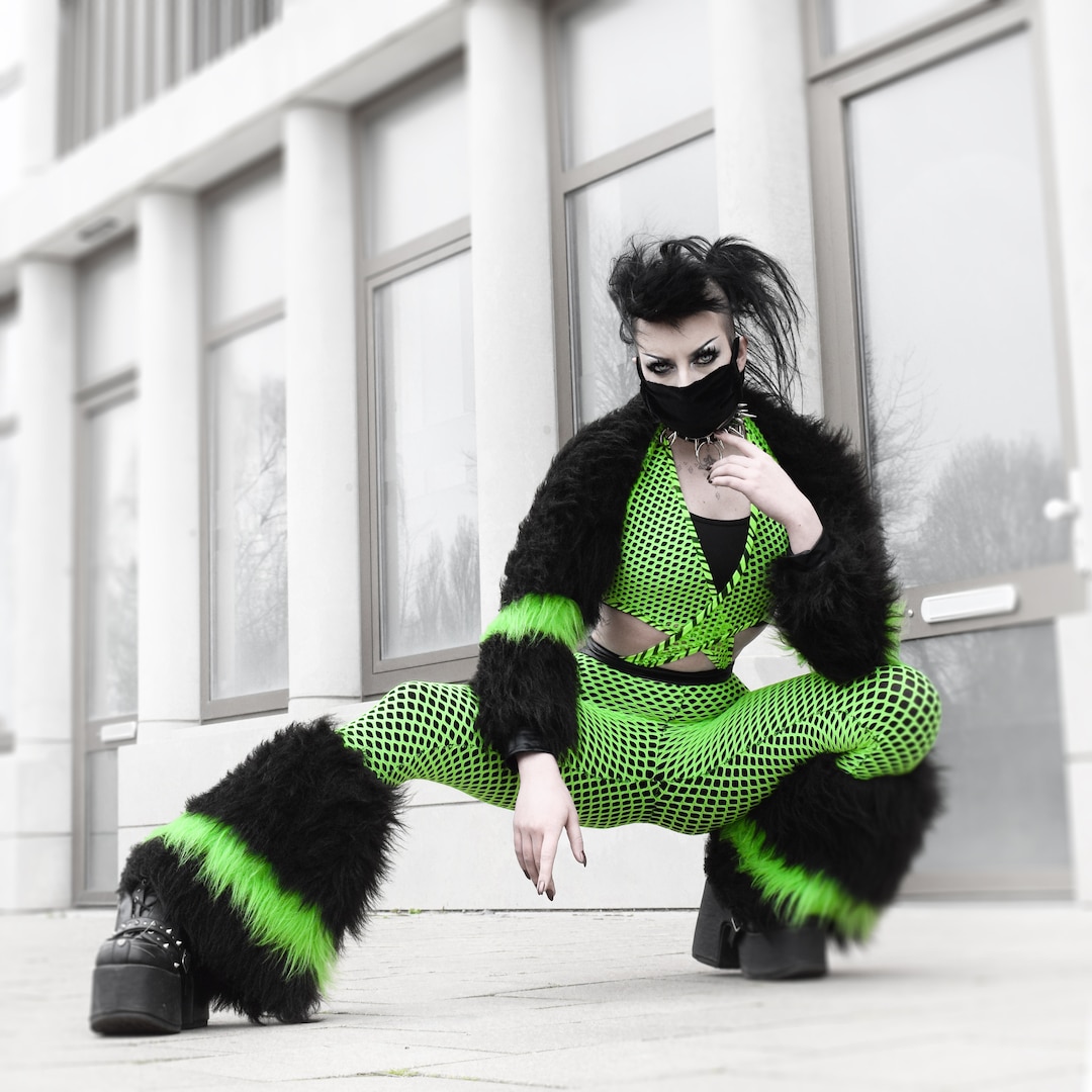 Funki-b Cyber Goth Lime Fishnet Faux Fur Fluffy Rave Clubwear Festival  Alternative Custom Made Clothing Unique Sheer Catsuit Fluffies Shrug