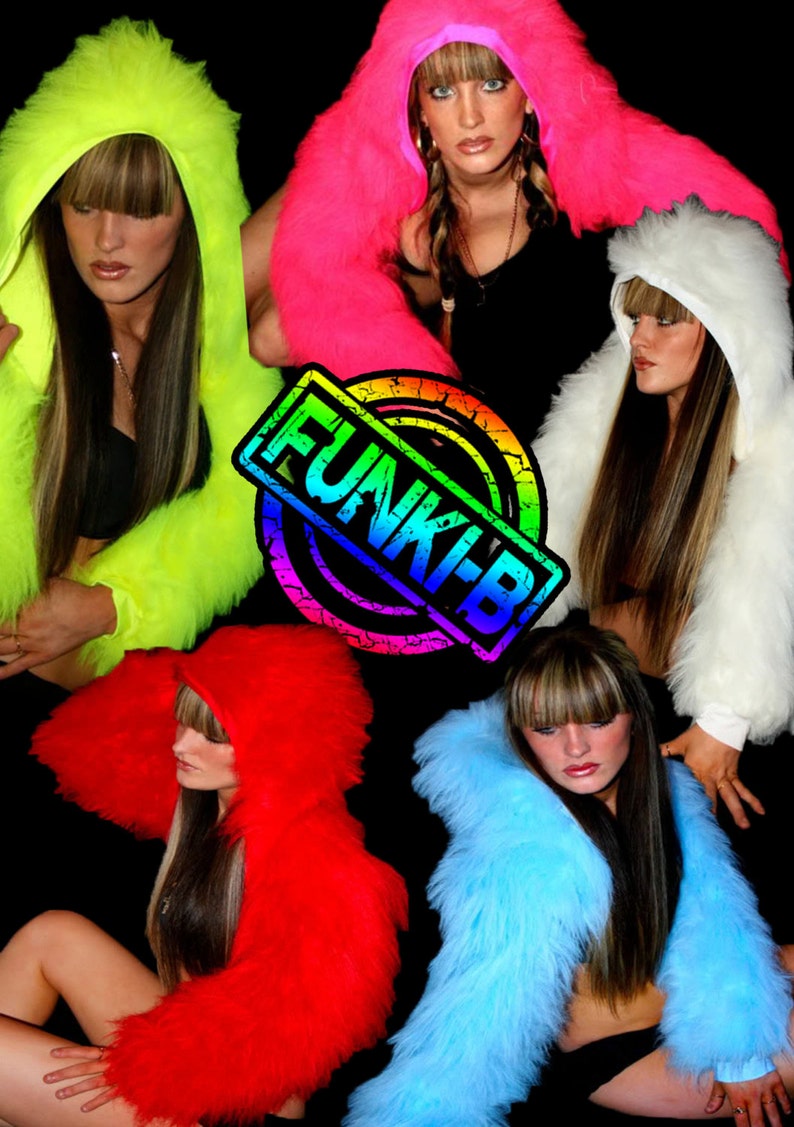 May include: Five women wearing colorful faux fur jackets with hoods. The jackets are in neon green, pink, white, red, and blue. The word "FUNKIER" is printed in rainbow colors on a black background.
