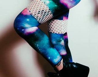 Funki-B lycra panel galaxy space print sexy high waisted leggings trousers rave clubwear fishnet mesh custom made