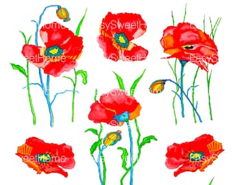 Wall Decals Poppies 10-Set, Watercolor Decals, Home Décor, Flower Decals, Hand-Painted Decals for Walls, Tiles, Furniture by EasySweetHome