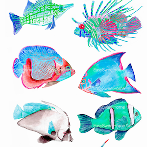 Coral Reef Fish Decals Turquoise, Bathroom Décor, 8-Set Bathroom Decals, Fish Wall Decals, Hand-Drawn Fish Decals, Home Décor