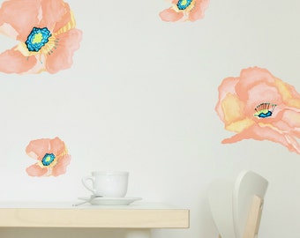 Poppy Wall Decals, Peach Sorbet, 2-Set Large, Home Décor, Watercolor Poppy Decals for Walls, Tile and Furniture, Hand-Painted Wall Decals