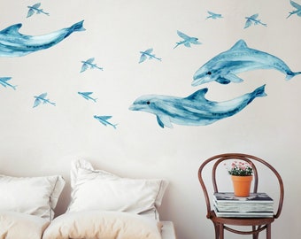 Wall Decals Dolphin Couple, Bathroom Decals for Tiles, Walls and Furniture, Bedroom Decals, Home Décor, Watercolor Dolphin Decals
