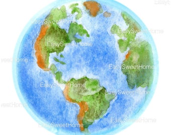 May include: A watercolor painting of the Earth, with continents in shades of green, brown, and orange, and oceans in blue. The painting is on a white background.
