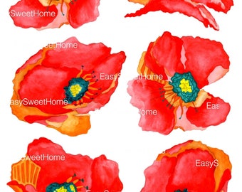 Red Poppy Decals, Set of 6 Hand-Painted Decals for Walls, Tiles and Furniture, Poppy Flower Wall Tattoo Furniture Decal, EasySweetHome