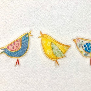 May include: Three colorful bird illustrations with a patchwork design. The birds are yellow, blue, and green with white accents. The birds are singing and have their beaks open.