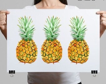 May include: Three watercolor pineapple illustrations on a white background. The pineapples are yellow and green with a detailed texture. The text "Size 1" is printed on the image.