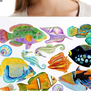 Può includere: Un'illustrazione colorata di varie creature marine, tra cui pesci, cavallucci marini e conchiglie. L'illustrazione è realizzata in uno stile acquerello vibrante su uno sfondo bianco.