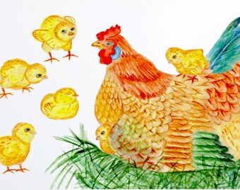 Wall Decal Hen With Chicks, Kitchen Decor, Home Décor, Hand Painted Decals for Tiles, Walls, Furniture, Kitchen Decor,