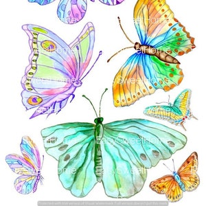 May include: Watercolor illustration of various colorful butterflies. The butterflies feature a range of colors, including orange, pink, blue, green, and purple. The image has the text "EasySweetHome" and "ySweetHome" on it.