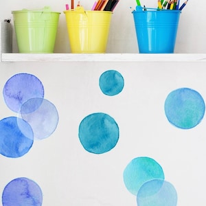 Wall Decals Watercolor Circles, Shades of Blue, Tile Decals, Furniture Decals, Hand-Painted Dot Decals, Home Décor