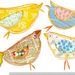 May include: Four colorful birds with different patterns and designs. The birds are made of paper and have a whimsical, handmade look. The birds are yellow, blue, brown, and light blue.