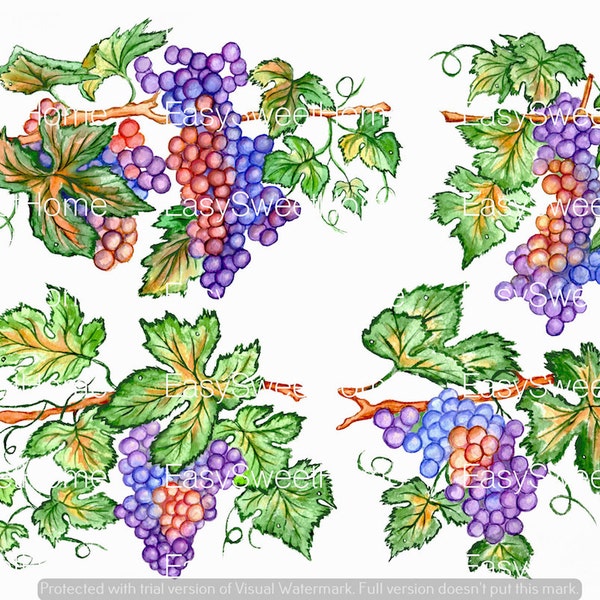 Wall Decals Grape 4-Set, Juicy Grape Clusters Decals, Kitchen Decor, Home Decor, Hand-Painted Grape Art Decals, Fruit Wall Decals