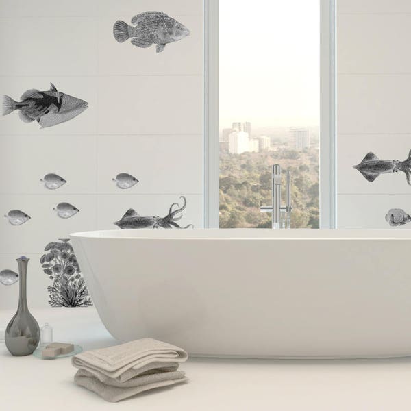 Badezimmer Wandtattoo - Fliesenaufkleber Fische ab 16,99 EUR - Fische Wandtattoo - Schwarz - Wanddeko fürs Bad - Vintage Ocean Kollektion