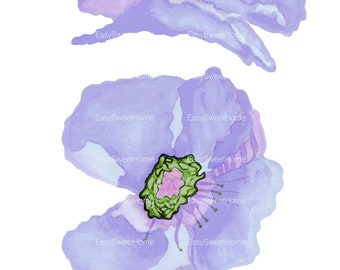 Poppy Wall Decals, Lavender, 2-Set, Home Décor, Watercolor Poppy Decals for Walls, Tile and Furniture, Hand-Painted Wall Decals