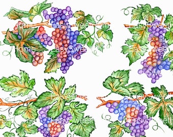 Décalcomanies murales raisin 4-ensemble, décalcomanies de grappes de raisin juteuses, décor de cuisine, décoration intérieure, décalcomanies d’art de raisin peintes à la main, décalcomanies murales de fruits