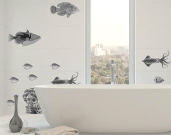 Fish Wall Decals, Bathroom Decor, Home Decor, Black Ink, Vintage Ocean, Bathroom Decals, Sea Life Wall Sticker, Underwater Wall Decor