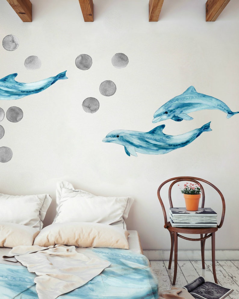 Wall Decals Dolphin Couple, Bathroom Decals for Tiles, Walls and Furniture, Bedroom Decals, Home Décor, Watercolor Dolphin Decals image 6