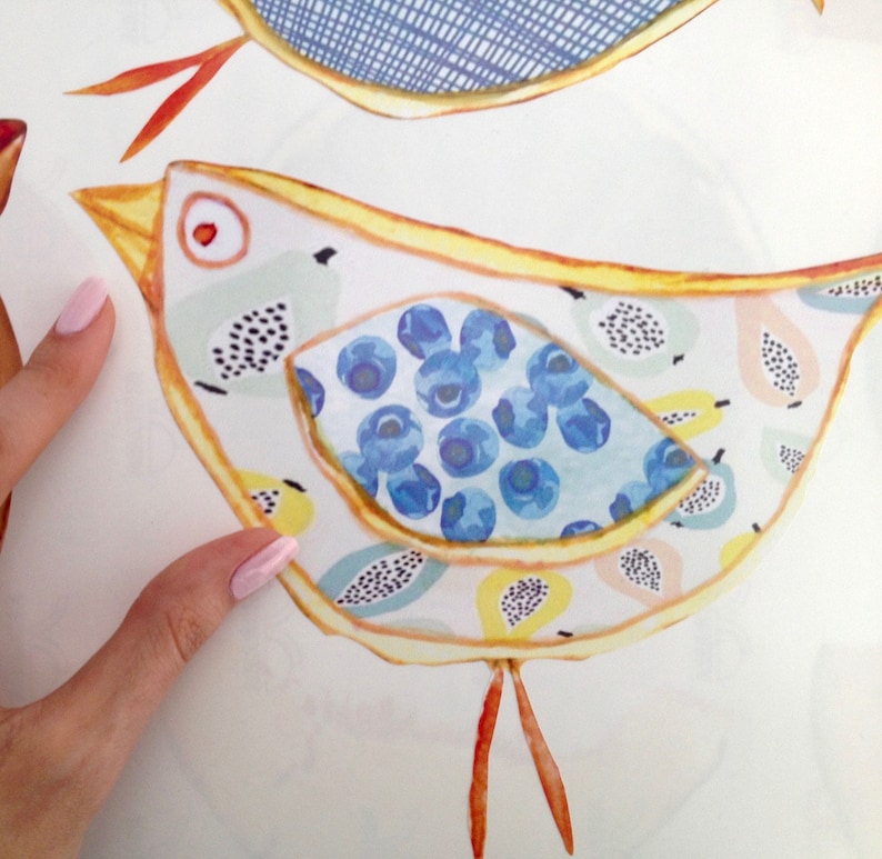 May include: A yellow bird with a blue and white patterned body and orange legs. The bird has a white background with a light green, yellow, and peach pattern.