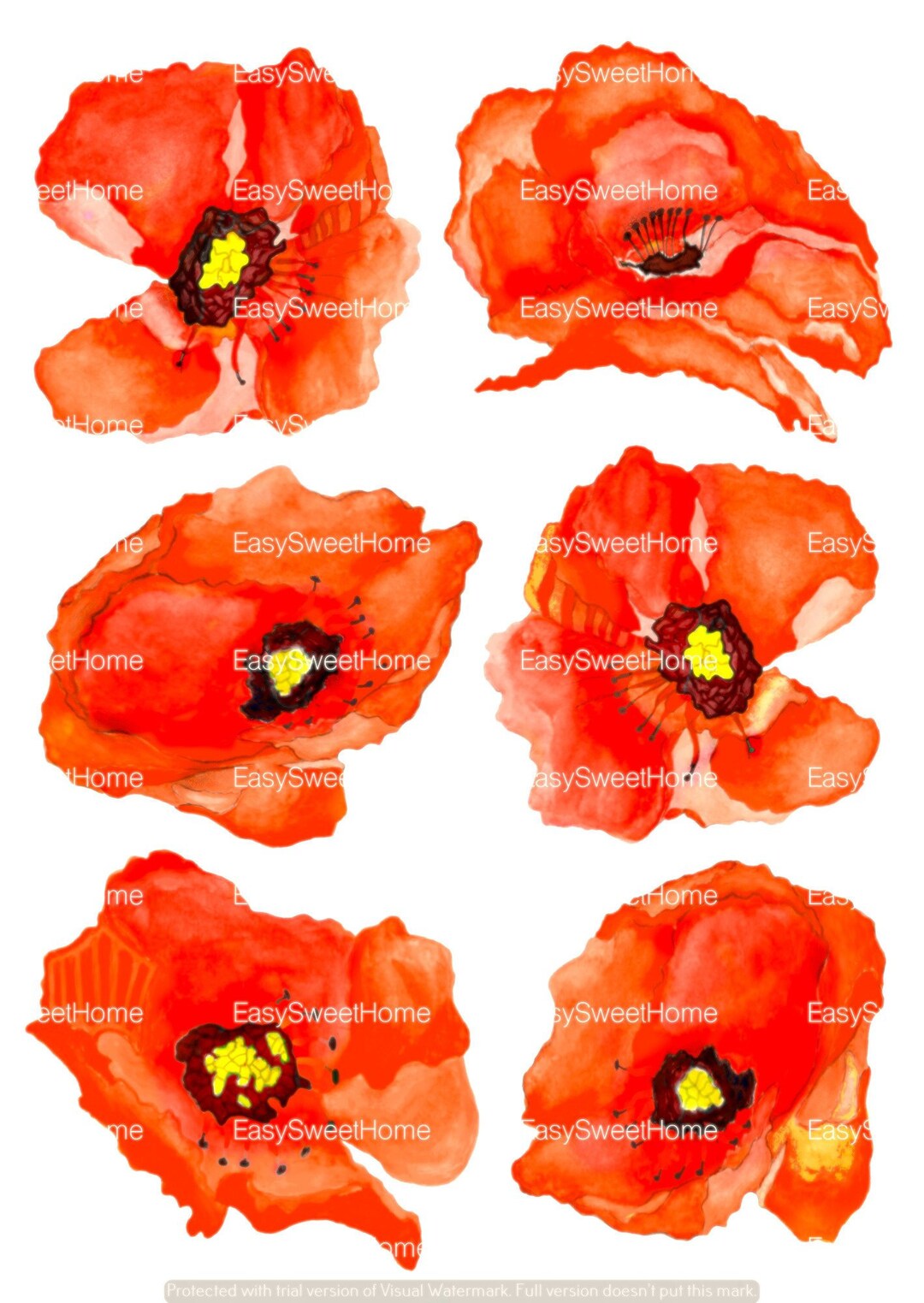 Orange Poppy Wall Decals, Home Décor, Kitchen Décor, Handpainted