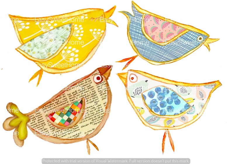 May include: Four colorful birds with different patterns and designs. The birds are made of paper and have a whimsical, handmade look. The birds are yellow, blue, brown, and light blue.