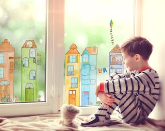 NOWE naklejki na okna Kolorowe domy - zestaw 5 wyjątkowych domów z żywymi detalami - dekoracja okienna od EasySweetHome