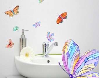 Butterfly Wall Decals 9-Set, Bathroom Decor, Decals for Furniture, Tiles, Wall Decor, Hand-Painted Bathroom Decals,