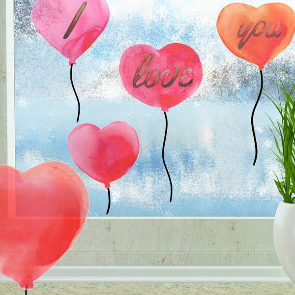 Glasaufkleber Herzluftballons ab 9,80 EUR, 6 wiederverwendbare Herzen Aufkleber, Glasdekor, Fensterfolie, Valentinstag Deko Fensterbilder