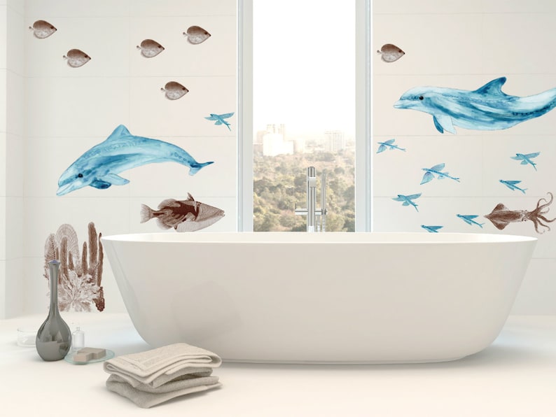 Wall Decals Dolphin Couple, Bathroom Decals for Tiles, Walls and Furniture, Bedroom Decals, Home Décor, Watercolor Dolphin Decals image 4