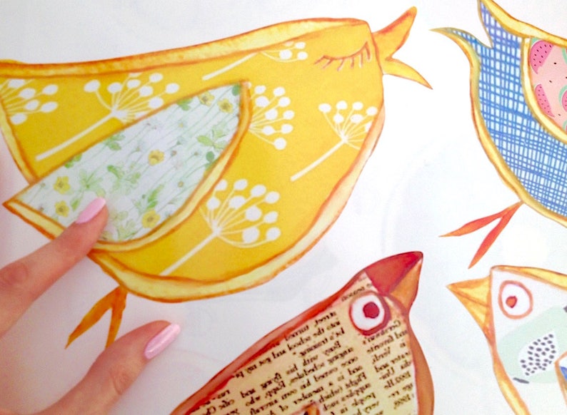 May include: A set of four colorful bird-shaped wall decals. The birds are made of paper and have a patchwork design. The birds are yellow, blue, red, and green.
