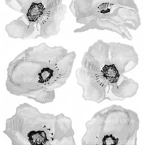 Cloudy Grey Poppy Wall Decals, Hand-Painted Decals for Walls, Tiles and Furniture, Floral Wall Tattoo Furniture Decal by EasySweetHome