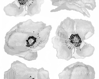 Cloudy Grey Poppy Wall Decals, Hand-Painted Decals for Walls, Tiles and Furniture, Floral Wall Tattoo Furniture Decal by EasySweetHome