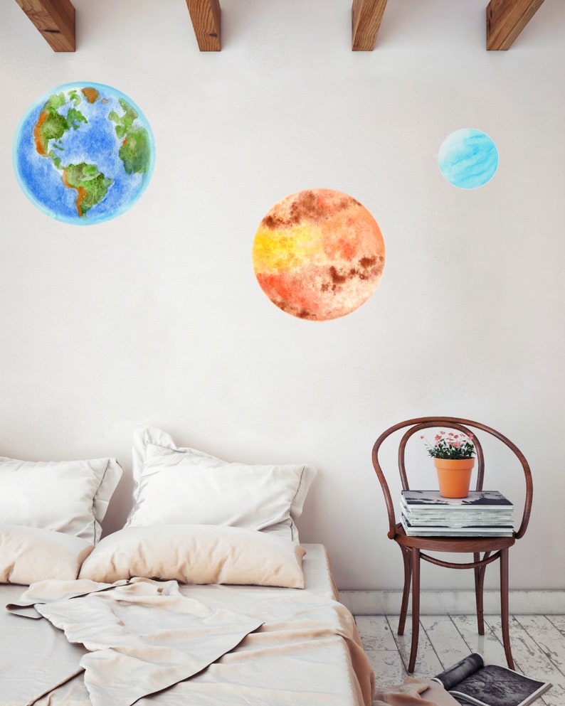 Wall Decal Earth Planet - Kids Room Wall Décor, Watercolour Celestial ...