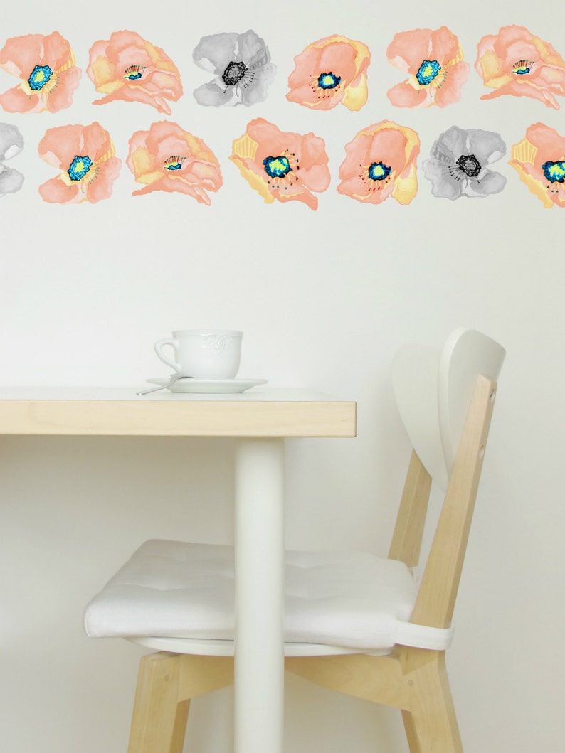 Poppy Wall Decals 6-Set Peach Sorbet, Hand-Painted Decals for Walls, Tiles and Furniture, Floral Wall Decals by EasySweetHome image 2