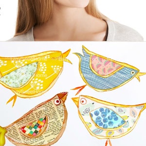 May include: Four colorful birds with gold outlines and different patterned designs. The birds are yellow, blue, brown, and white.