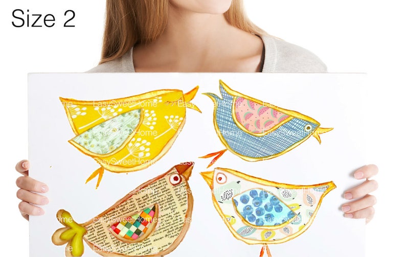 May include: Four colorful birds with gold outlines and different patterned designs. The birds are yellow, blue, brown, and white.
